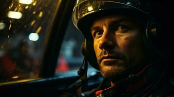 portrait de une chauffeur homme dans une casque dans le voiture à nuit. génératif ai. photo