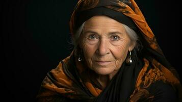 portrait de un personnes âgées femme sur une noir Contexte dans une foulard. vieux fortune caissier. génératif ai. photo