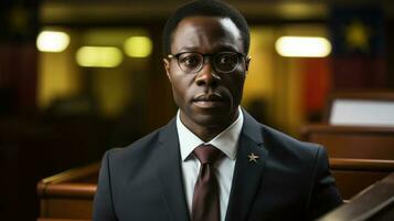 portrait de un africain politique homme présidentiel élections à podium sur organiser. génératif ai. photo