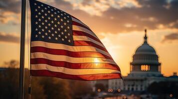 américain drapeau sur le Contexte de le Capitole bâtiment dans Washington dc. génératif ai. photo