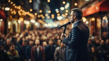 arrière vue de une politicien Parlant dans une microphone tandis que permanent dans de face de une foule de personnes. génératif ai. photo