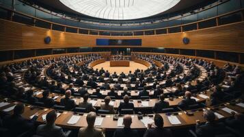 débattre chambre hémicycle pendant une un journée plénier session. génératif ai. photo