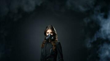 Jeune femme dans noir costume portant gaz masque sur foncé Contexte avec fumée. génératif ai. photo