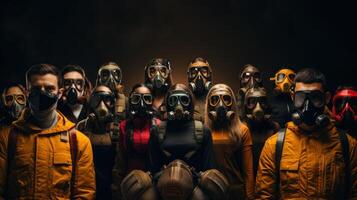 groupe de Publier apocalyptique gens dans gaz masques sur foncé Contexte. génératif ai. photo