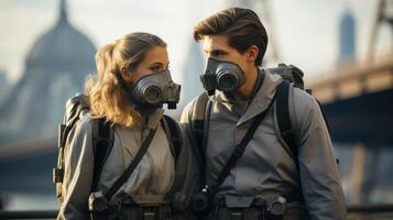 Jeune couple avec gaz masques en voyageant dans Nouveau york ville. Publier apocalypse Voyage concept. génératif ai. photo