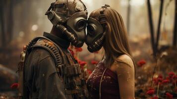 Jeune couple dans gaz masques, permanent dans le forêt. concept de guerre et l'amour. génératif ai. photo