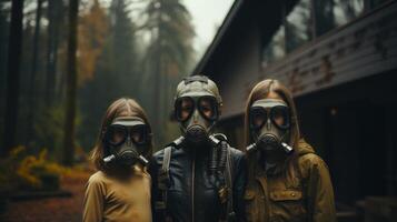 mère avec deux les enfants dans gaz masques sur le Contexte de leur maison dans l'automne forêt. génératif ai. photo