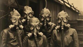 groupe de gens dans gaz masques. ancien noir et blanc tonique photo. génératif ai. photo