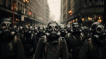 foule de gens dans gaz masque, concept de une nucléaire frapper. génératif ai. photo