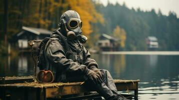 une homme asseoir dans le jetée dans une gaz masque sur le Contexte de le lac. génératif ai. photo