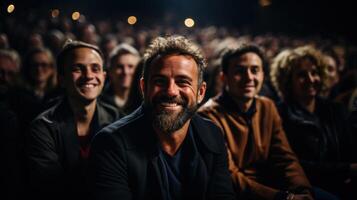 portrait de une homme avec une barbe séance dans de face de une foule. génératif ai. photo