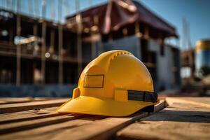 Jaune construction casque sur le Contexte de une maison en dessous de construction. génératif ai technologie. photo