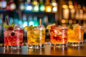 coloré des cocktails sur le bar comptoir. génératif ai technologie. photo