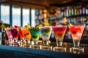 coloré des cocktails sur le bar comptoir. génératif ai technologie. photo