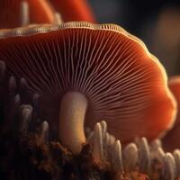 proche en haut de le branchies sur le dessous de une champignon. ultra 4k génératif ai photo