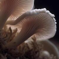 proche en haut de le branchies sur le dessous de une champignon. ultra 4k génératif ai photo