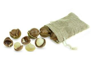 Groupe de noix de macadamia pelées et non pelées dans un sac sac à fond blanc photo
