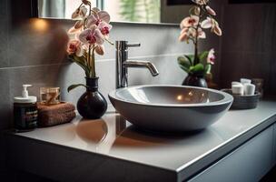 lavabo et salle de bains dans blanc moderne style avec génératif ai photo