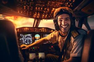 le cockpit de une avion avec une content homme pilote avec génératif ai photo