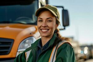 une souriant femelle un camion chauffeur permanent dans de face de sa un camion avec génératif ai photo