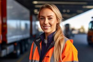 une souriant femelle un camion chauffeur permanent dans de face de sa un camion avec génératif ai photo