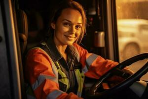 une souriant femelle un camion chauffeur à le roue de une un camion avec génératif ai photo