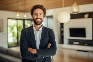 souriant Masculin réel biens agent dans une costume des stands dans Nouveau Accueil avec génératif ai photo