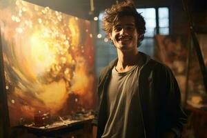 Jeune content homme artiste peintre dans studio à soir avec génératif ai photo