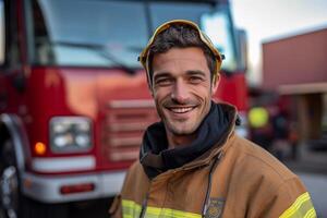 une souriant Masculin sapeur pompier dans de face de le Feu un camion avec génératif ai photo