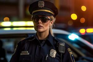 femelle police officier Parlant sur le radio avec police voiture derrière sa avec génératif ai photo