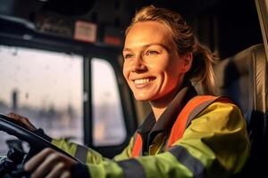 une souriant femelle un camion chauffeur à le roue de une un camion avec génératif ai photo