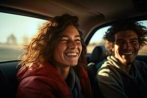 Jeune couple souriant dans voiture conduite avec génératif ai photo
