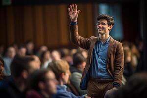 une Masculin étudiant élevage mains à une conférence théâtre avec génératif ai photo