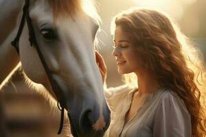 une Jeune content femme émouvant une cheval avec génératif ai photo