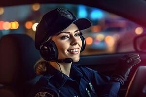 femelle police officier Parlant sur le radio avec police voiture derrière sa avec génératif ai photo