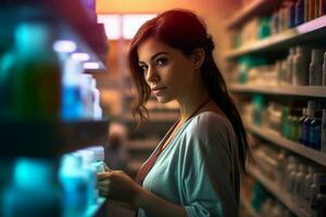 une femme dans le pharmacie pour vérification en dehors médicament avec génératif ai photo