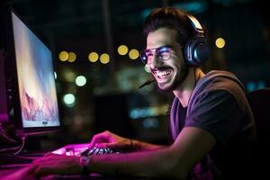 une content joueur homme portant écouteurs est en utilisant une ordinateur à nuit avec génératif ai photo
