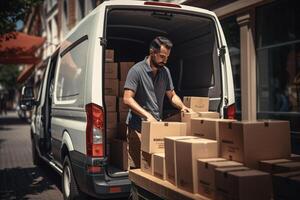 une homme chargement une van chargement des boites avec un déchargement un camion avec génératif ai photo