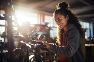 content femme fixation vélo sur une vélo grille avec génératif ai photo