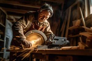 Charpentier en utilisant une vu sur bois dans le atelier avec génératif ai photo