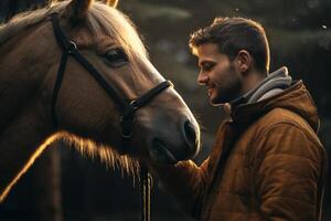 une Jeune content homme émouvant une cheval avec génératif ai photo