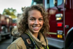 une souriant femelle sapeur pompier dans de face de le Feu un camion avec génératif ai photo