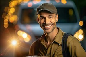 souriant livraison homme est en portant une paquet à l'extérieur une livraison van avec génératif ai photo