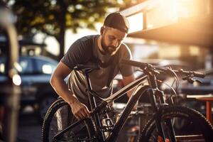 content homme fixation vélo sur une vélo grille avec génératif ai photo