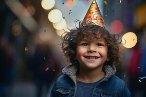 Jeune garçon souriant dans fête chapeau et en portant une confettis avec génératif ai photo