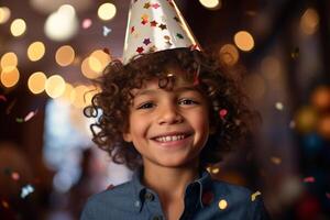 Jeune garçon souriant dans fête chapeau et en portant une confettis avec génératif ai photo