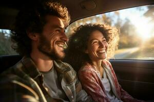 Jeune couple souriant dans voiture conduite avec génératif ai photo