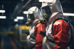 deux ingénierie ouvriers dans protecteur costume permanent dans une usine avec génératif ai photo