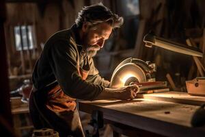 Charpentier en utilisant une vu sur bois dans le atelier avec génératif ai photo