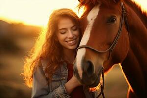 une Jeune content femme émouvant une cheval avec génératif ai photo